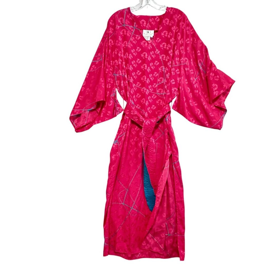 Vtg 80s Flora Kung Pink Floral Satin Kaftan Maxi Dress W/ Kimono Sleeves Size M